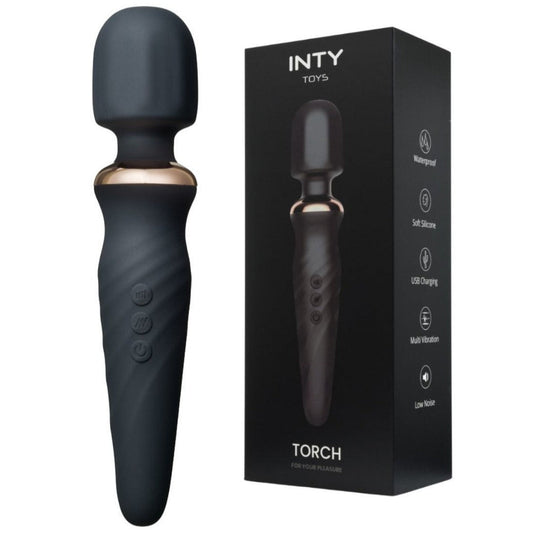 Black handheld massage wand with packaging labeled 'INTY TOYS' on a white background
