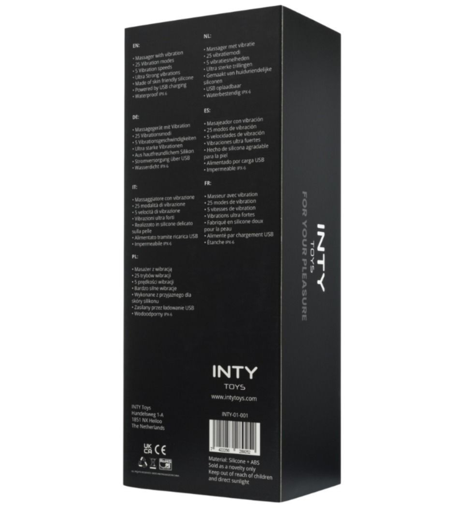Black packaging box for INTY Toys with text and branding on a white background