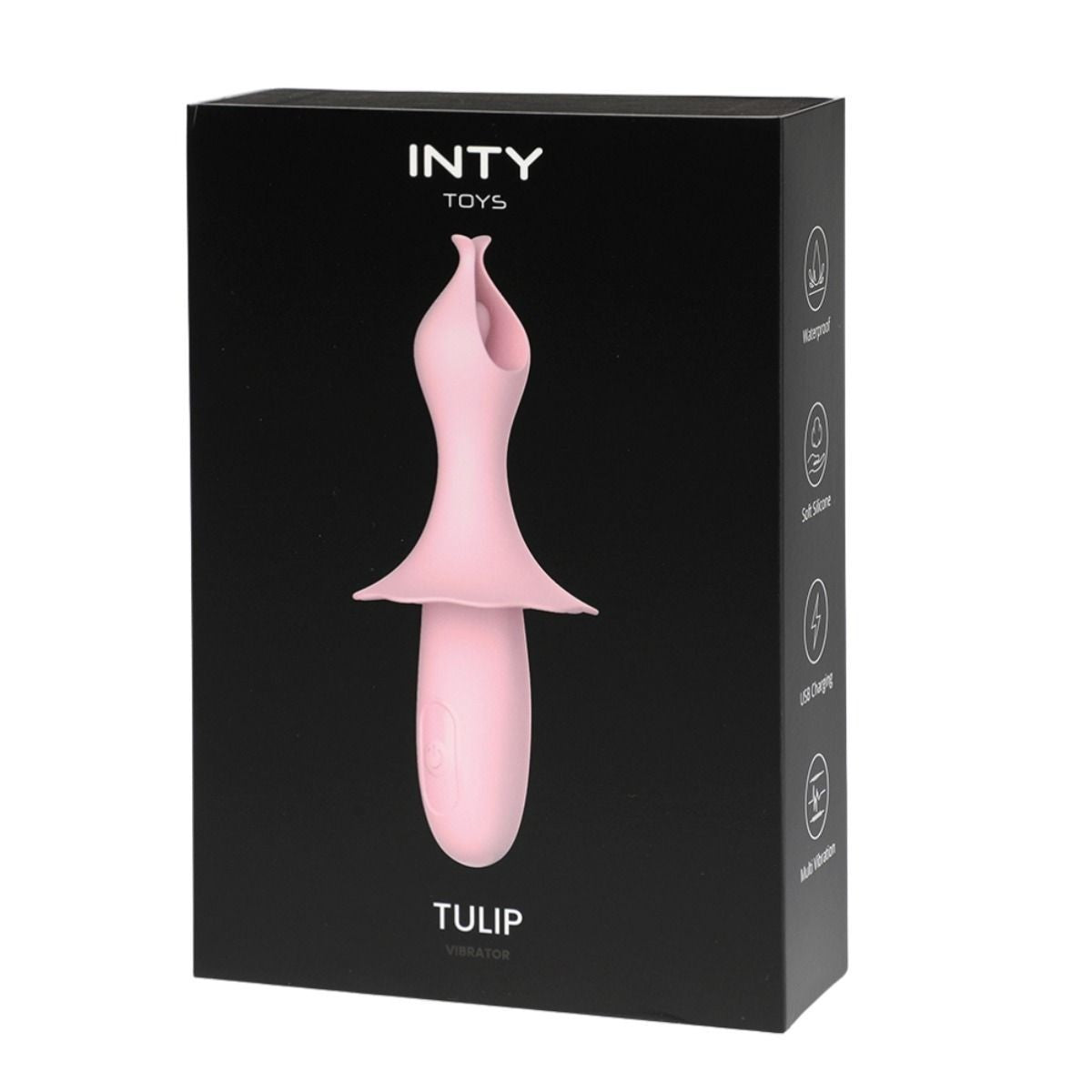 Black box packaging of INTY Toys Tulip vibrator with pink tulip-shaped device on a white background