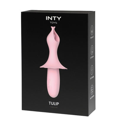 Black box packaging of INTY Toys Tulip vibrator with pink tulip-shaped device on a white background