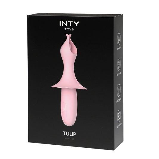 Black box packaging of INTY Toys Tulip vibrator with pink tulip-shaped device on a white background