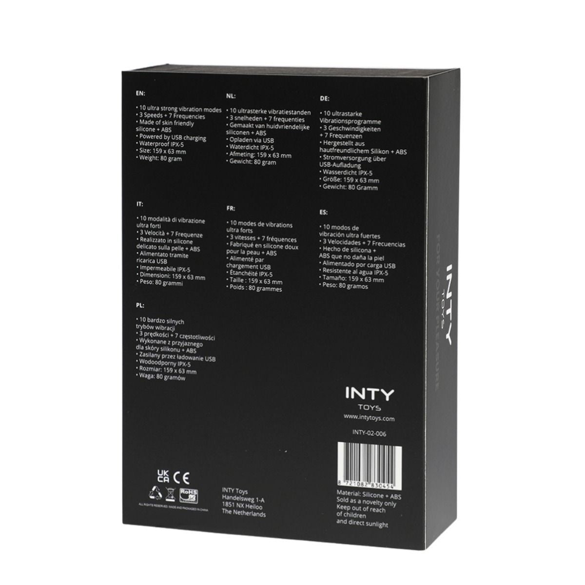 Black packaging box with text and branding on a white background