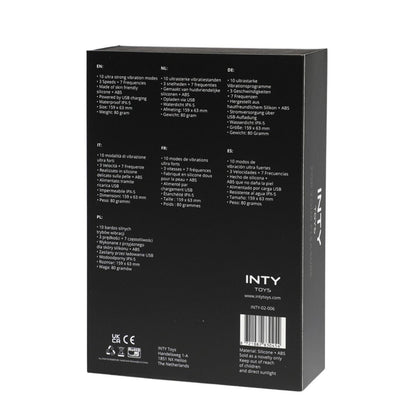 Black packaging box with text and branding on a white background
