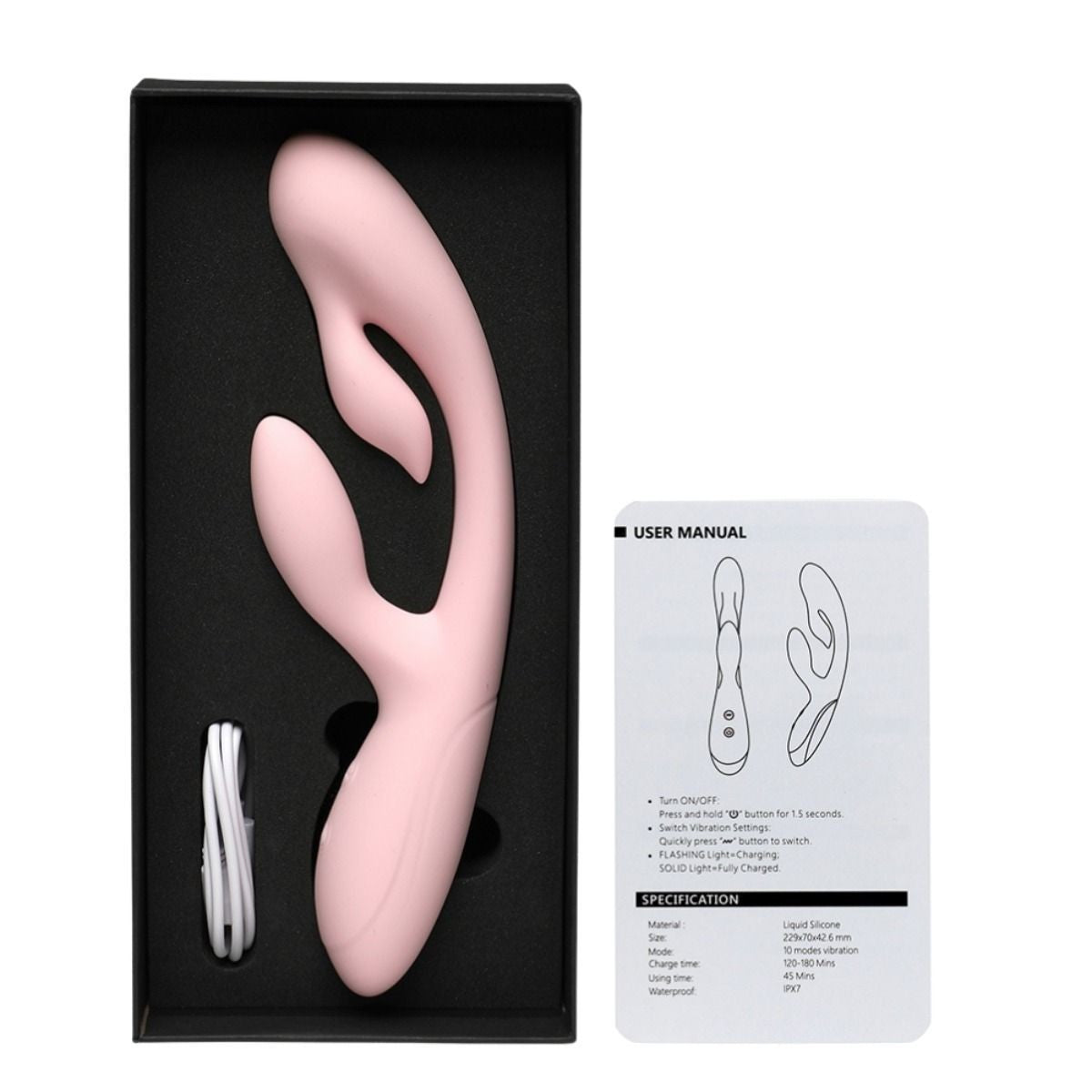 Pink silicone product in a black box with a user manual on a white background