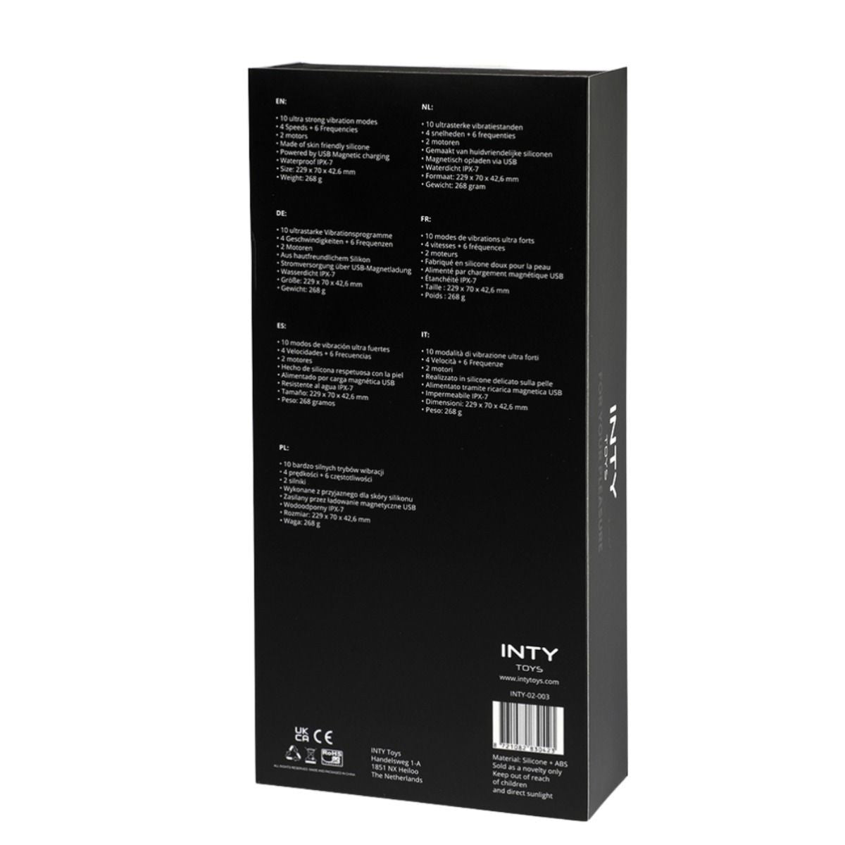 Black packaging box with text and branding on a white background