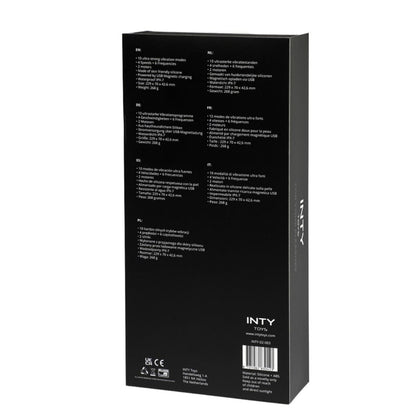 Black packaging box with text and branding on a white background