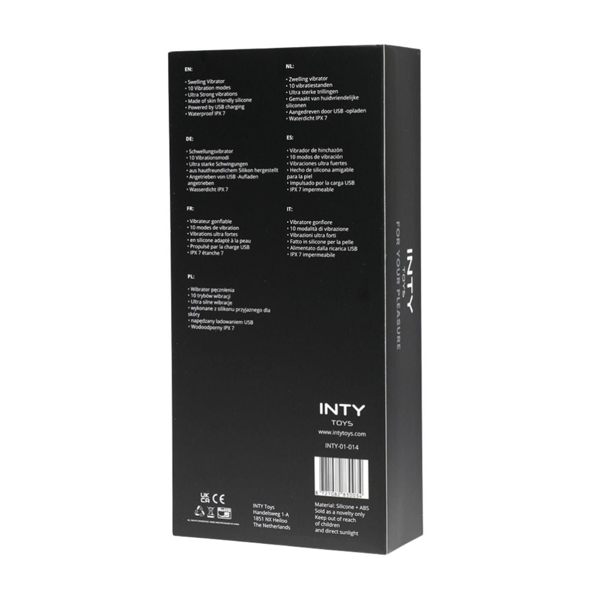 Black packaging box with text and branding on a white background