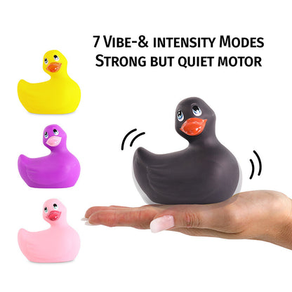 Black rubber duck with text about 7 vibe and intensity modes on a white background