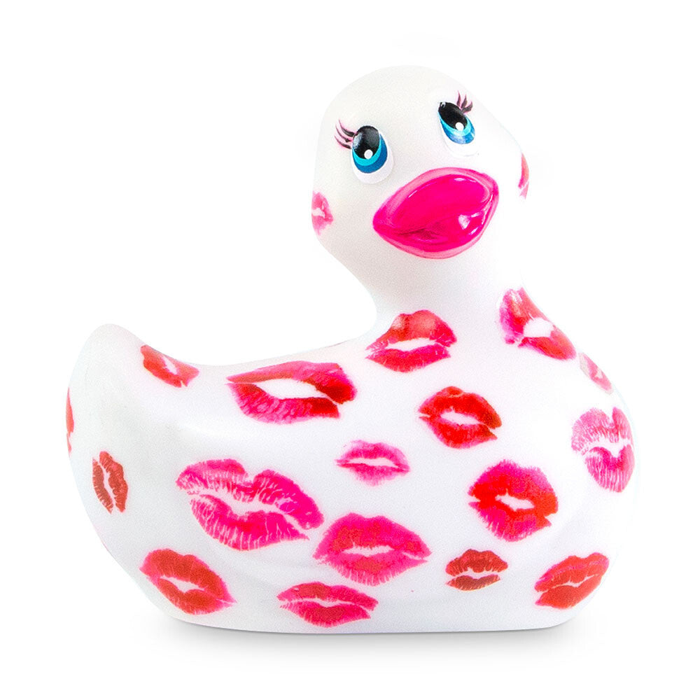 Rubber duck with lip print design on a white background