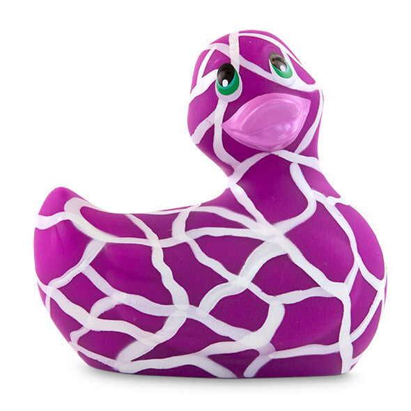 Purple rubber duck with white webbing pattern on a white background
