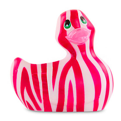 Pink and white striped rubber duck on a white background