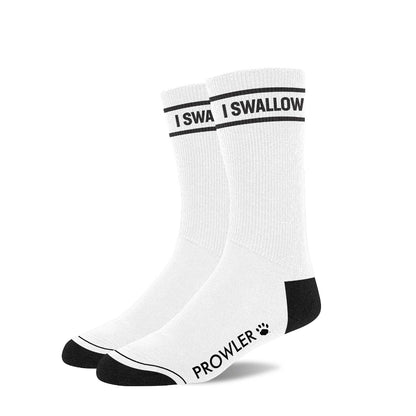 White socks with black text and branding on a white background