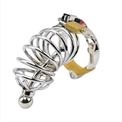 Metal chastity cage with a brass lock on a white background