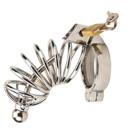 Metal chastity cage with gold lock on a white background