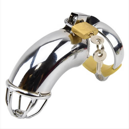 Metal chastity cage with gold lock and keys on a white background