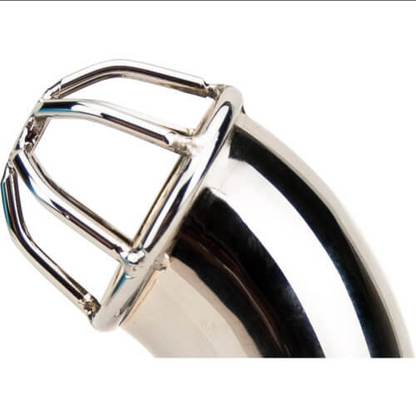 Metallic object with a cage-like structure on a white background