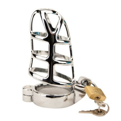 Metal cage with a lock and key on a white background