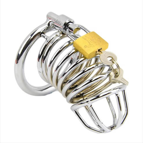 Metal chastity cage with a lock on a white background