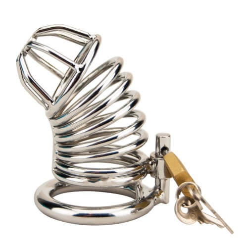 Metal chastity cage with key on a white background