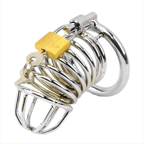 Metal chastity device with a lock on a white background