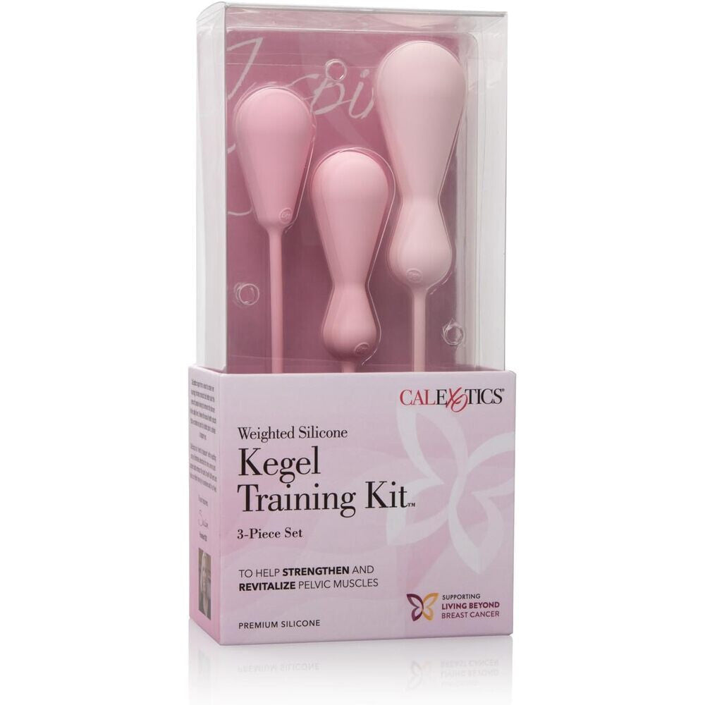 Kegel training kit with three pink silicone tools in packaging on a white background