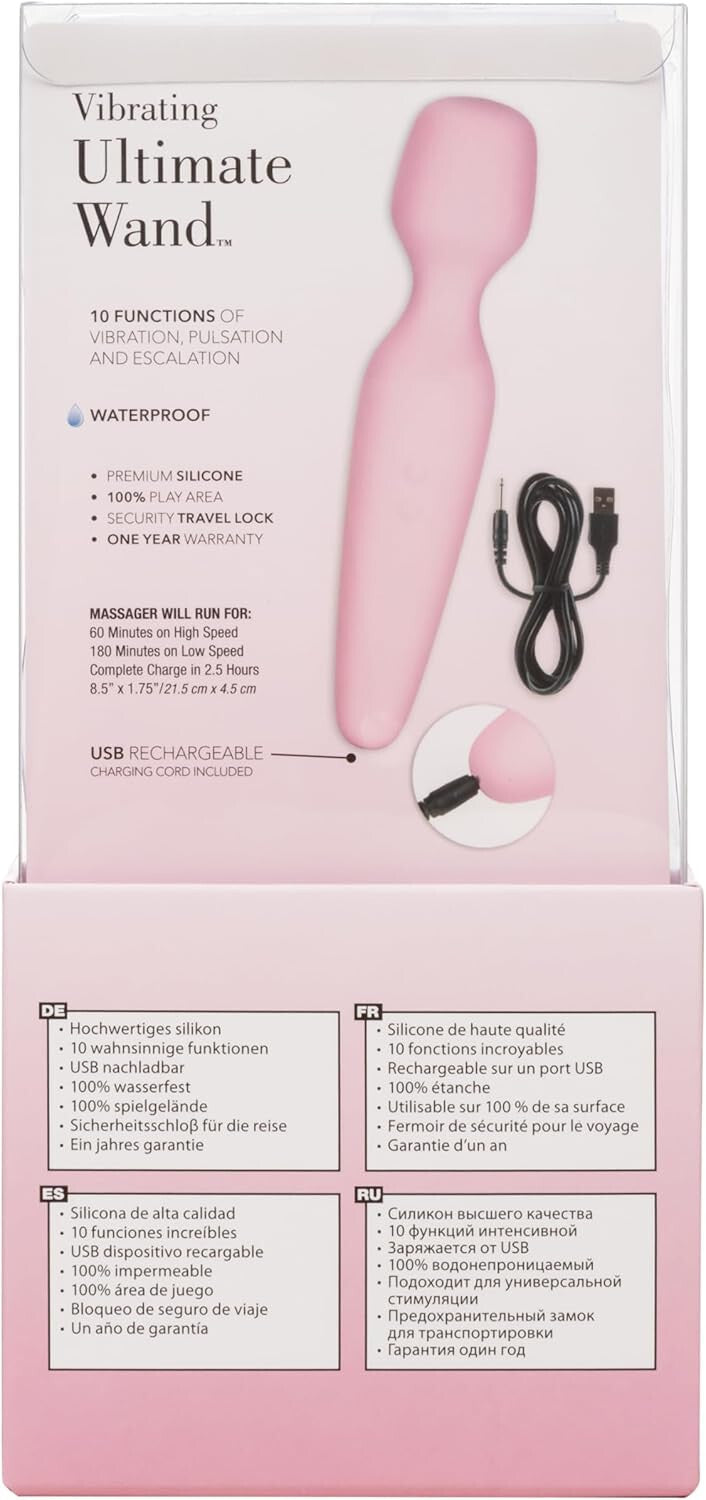 Pink vibrating wand with packaging and specifications on a white background