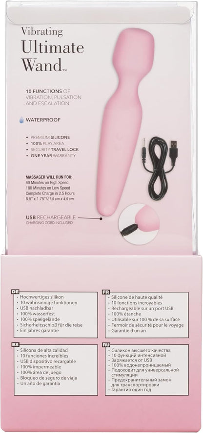 Pink vibrating wand with packaging and specifications on a white background