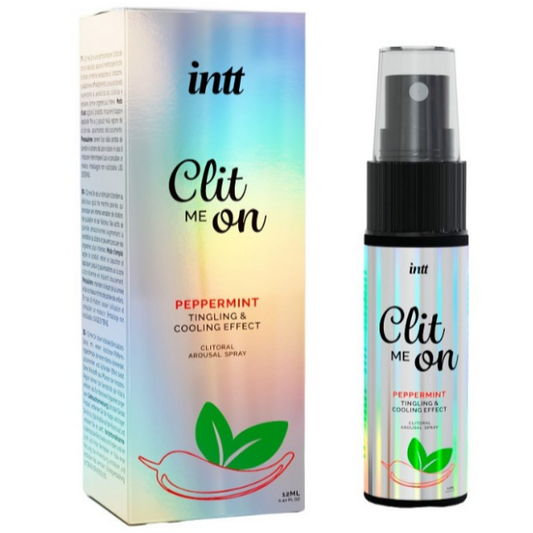 Spray bottle and packaging of 'Clit Me On' with peppermint flavor on a white background