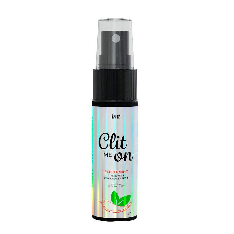 Spray bottle labeled 'Clit Me On' with peppermint flavor on a white background