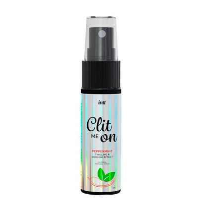 Spray bottle labeled 'Clit Me On' with peppermint flavor on a white background