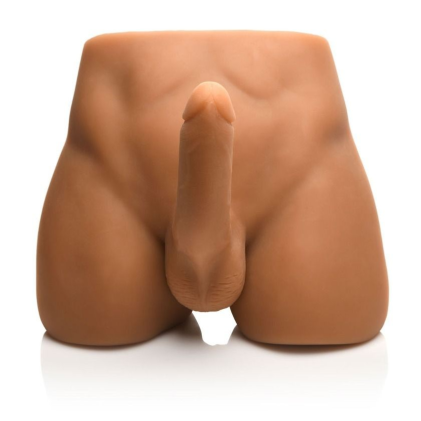 Silicone masturbator with dildo on a white background