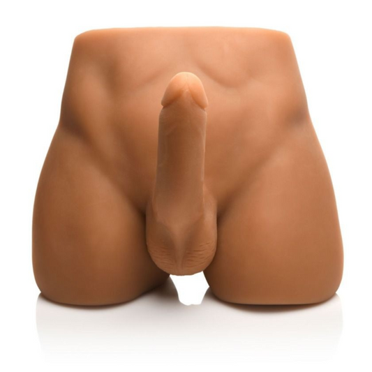 Silicone masturbator with dildo on a white background