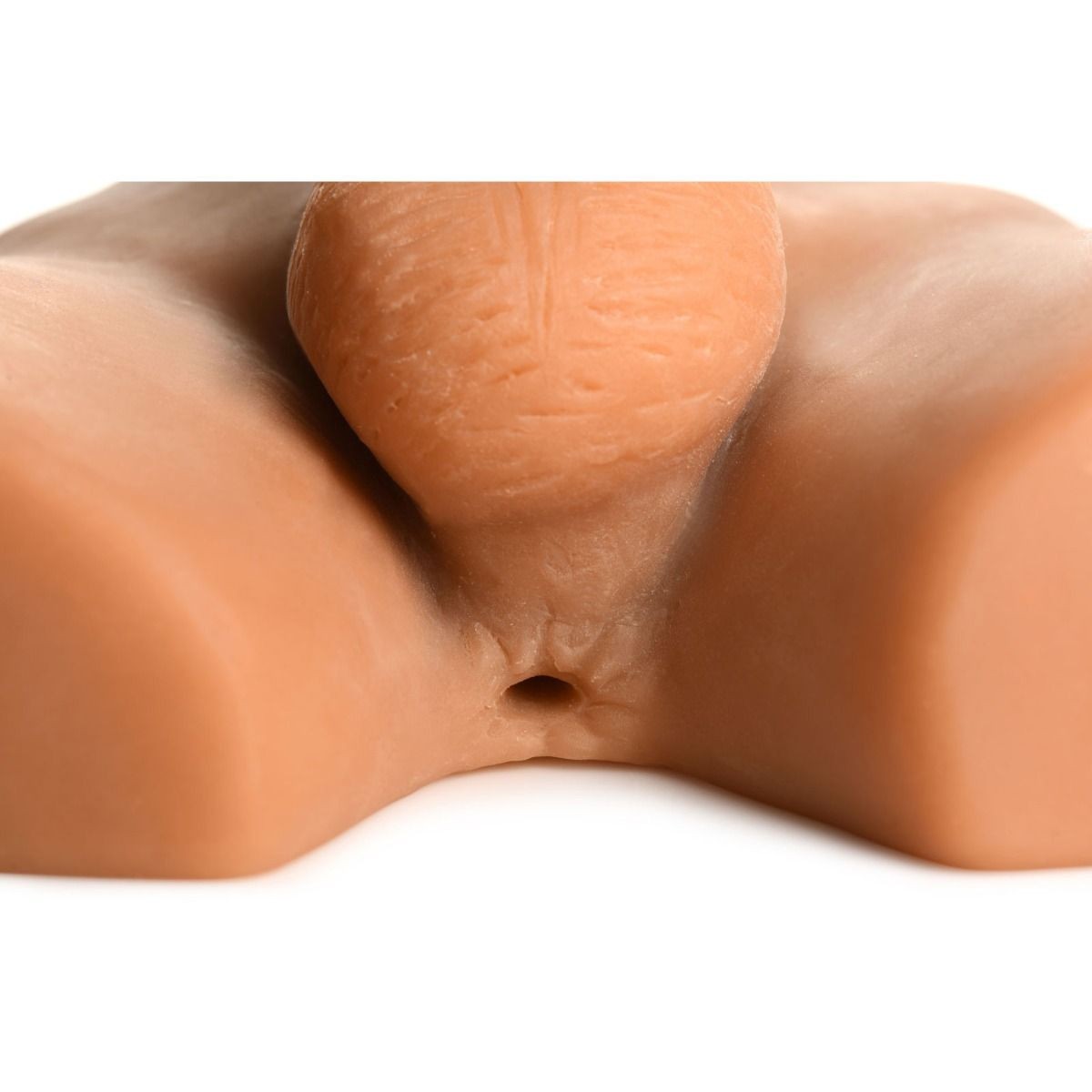 Close-up of a masturbator's butthole with a white background
