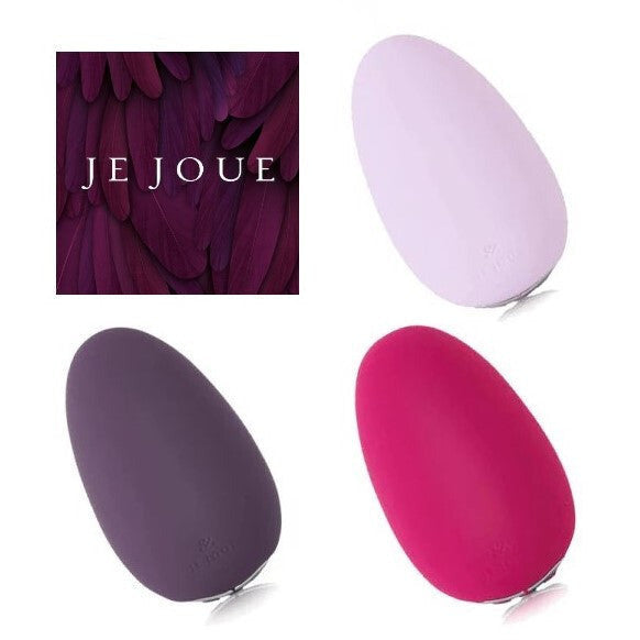 Three silicone clitoral vibrators in purple, pink, and lavender with 'JE JOUE' branding.