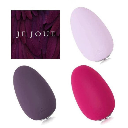 Three silicone clitoral vibrators in purple, pink, and lavender with 'JE JOUE' branding.