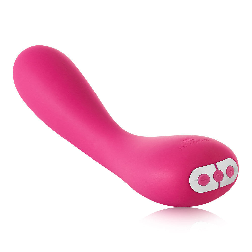Pink silicone sex toy vibrator with a brand logo on a white background