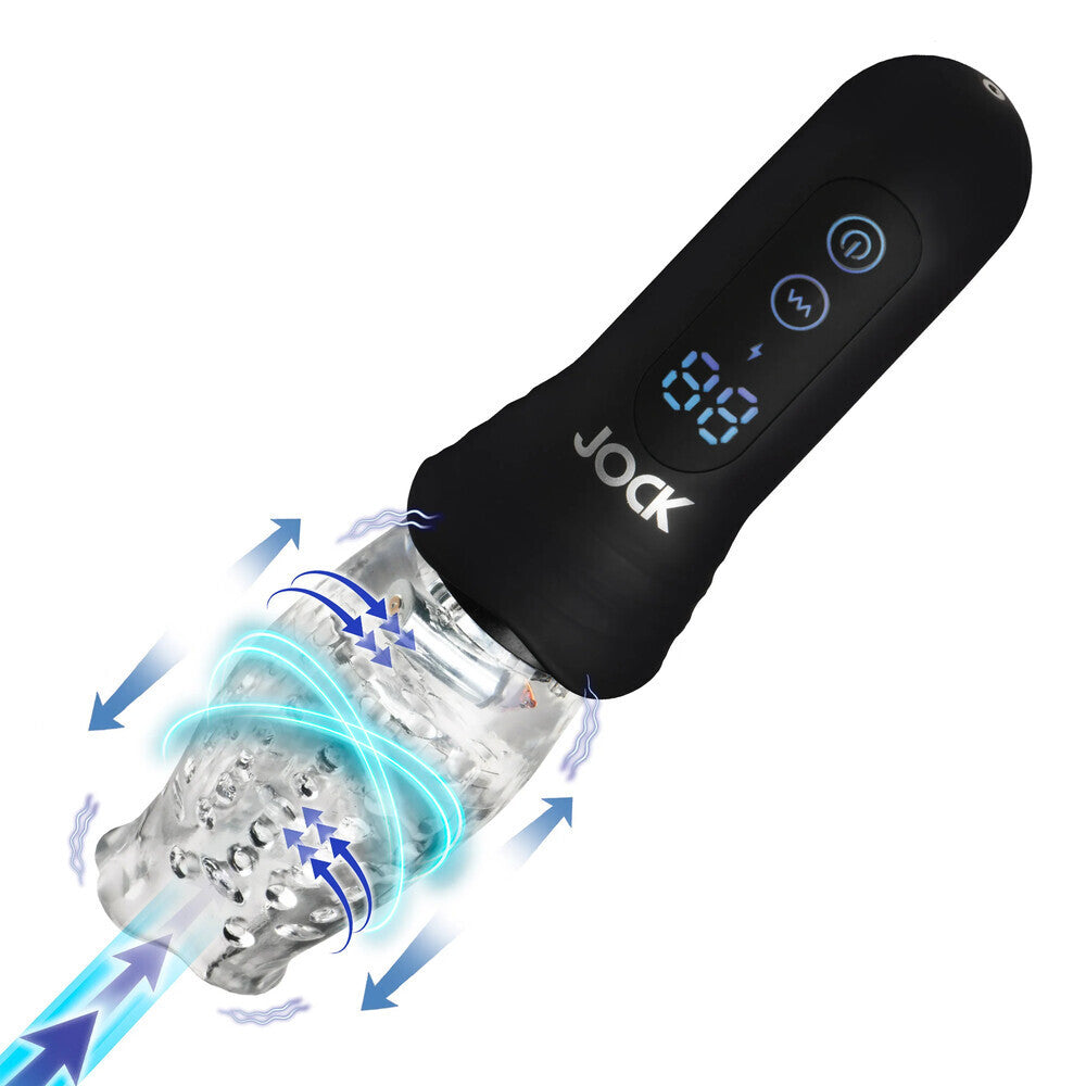 Black handheld masturbator with digital display and movement system on a white background