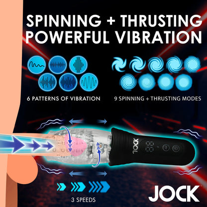 Product advertisement for a masturbator with vibration and mode features, featuring the brand 'JOCK'.
