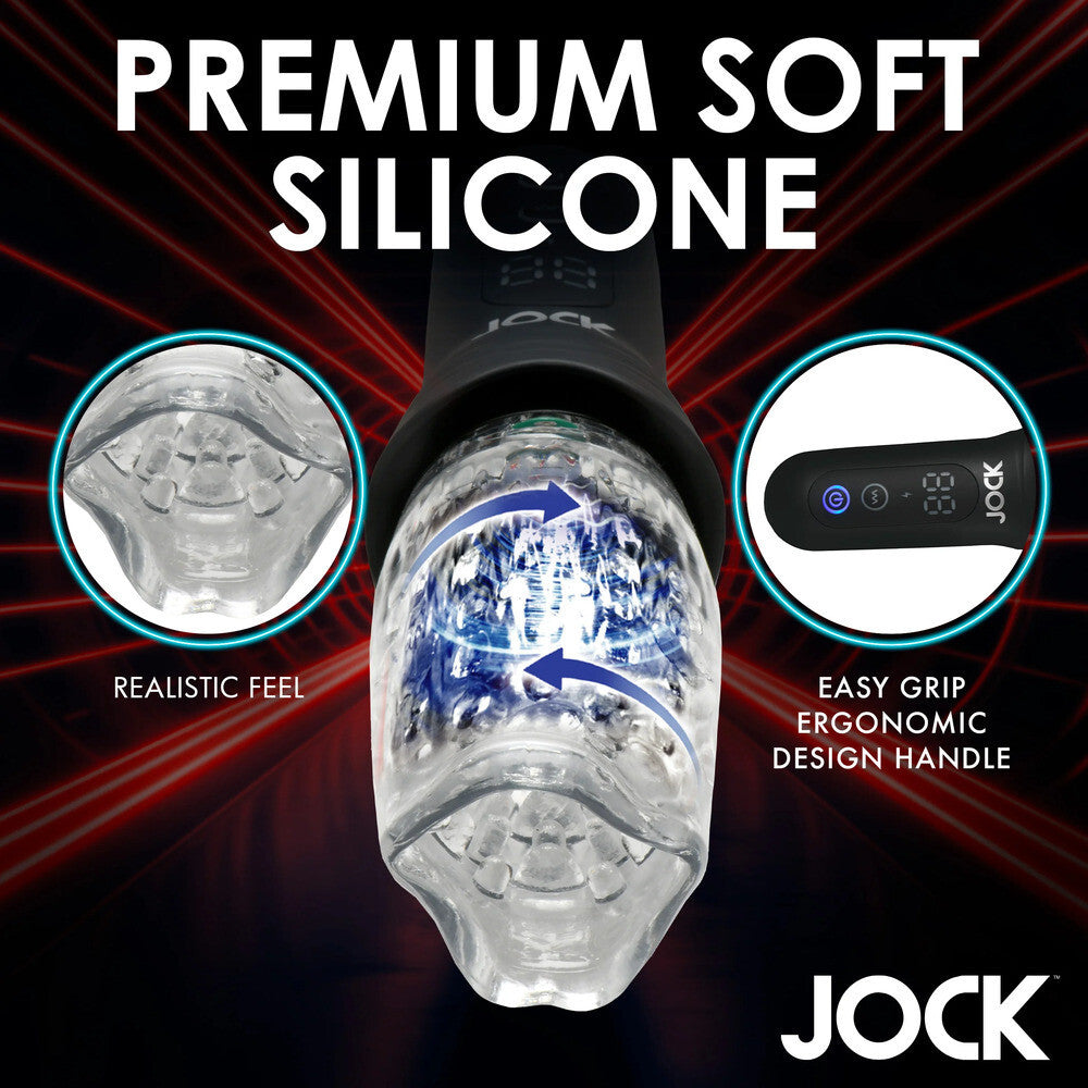 Silicone product with 'Jock' branding, highlighting features like 'Realistic Feel' and 'Easy Grip Ergonomic Design Handle'.