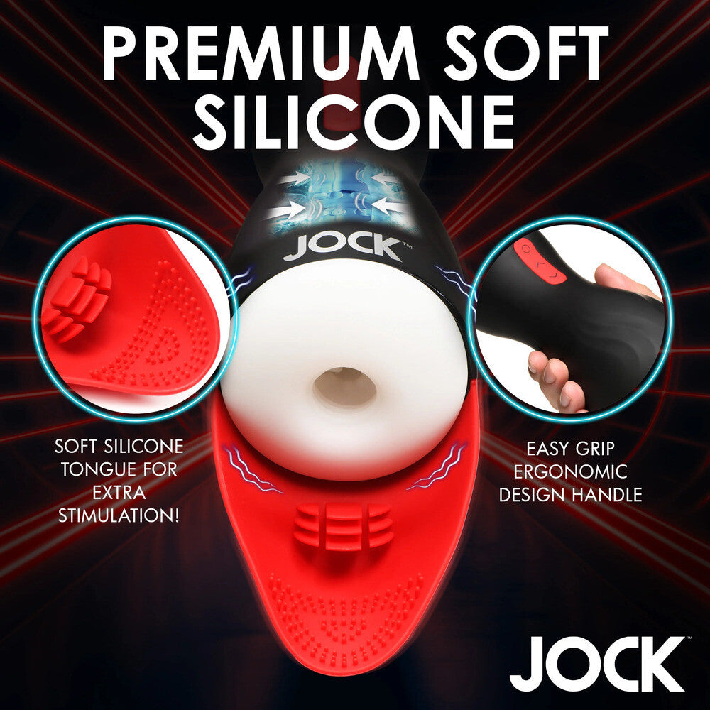 Red and black silicone product with 'Jock' branding, showing soft silicone tongue and ergonomic handle on a dark background.