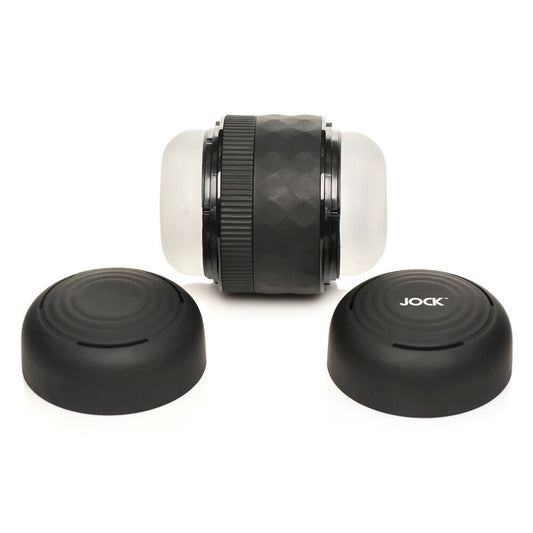 Black and white cylindrical masturbator with two black lids on a white background