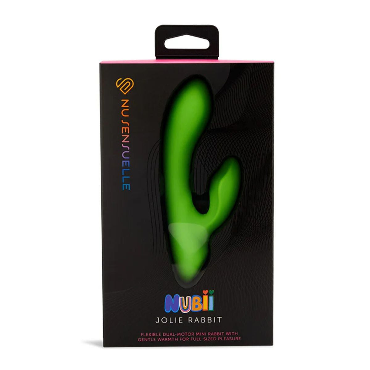 Product packaging of a green silicone rabbit-shaped sex toy with 'Nubii' branding on a black background.