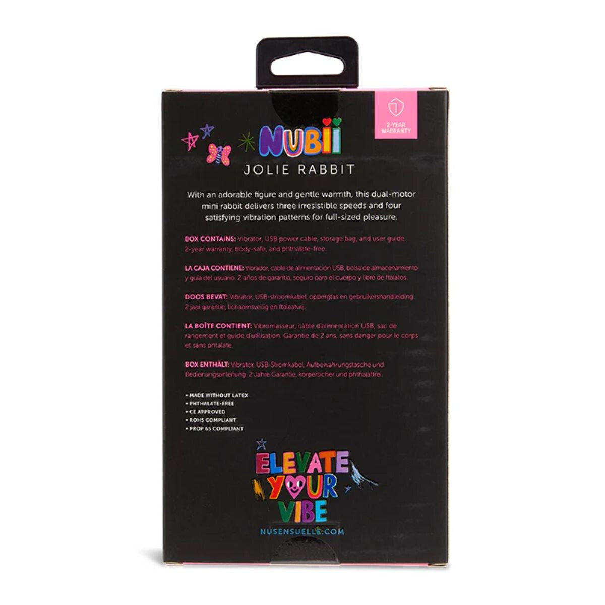 Black packaging of Nubib Jolie Rabbit with colorful text and branding on a white background