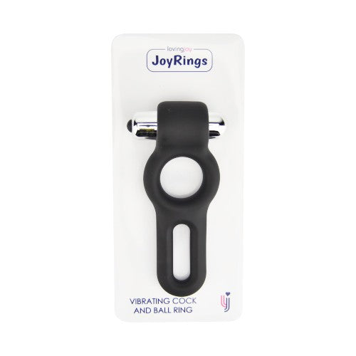 Black vibrating cock and ball ring on a white card with 'JoyRings' branding.