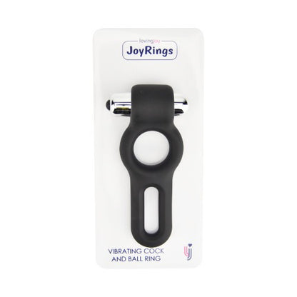 Black vibrating cock and ball ring on a white card with 'JoyRings' branding.
