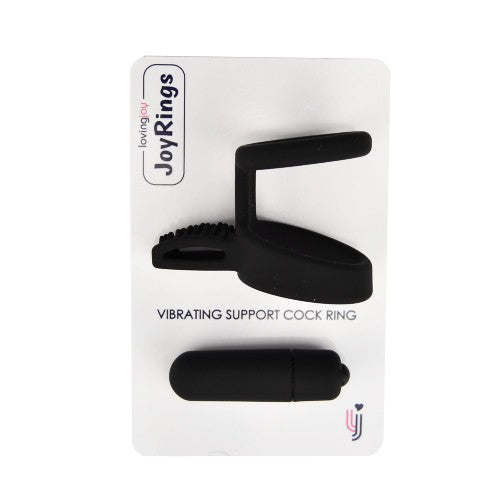 Black vibrating support cock ring on a white packaging card with 'JoyRings' branding.