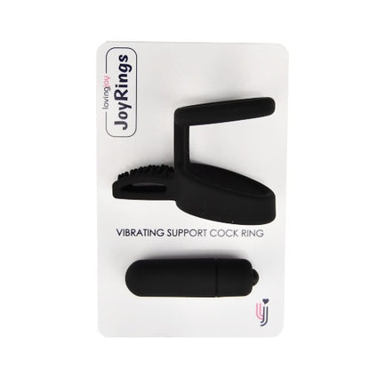 Black vibrating support cock ring on a white packaging card with 'JoyRings' branding.