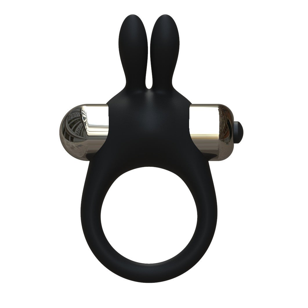 Black silicone ring with metallic accents on a white background
