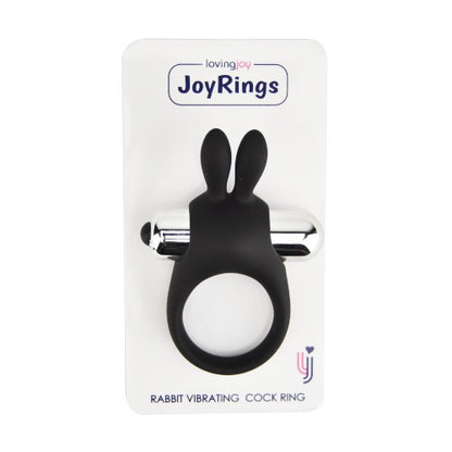 Black rabbit-shaped vibrating cock ring on a white card with 'JoyRings' branding.