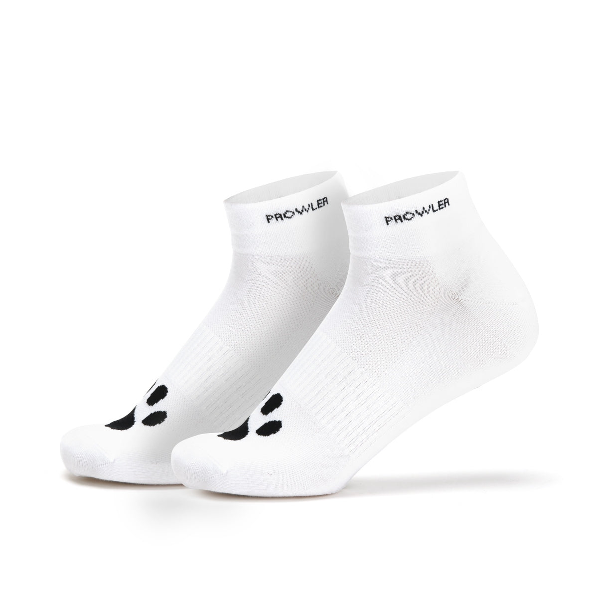 Pair of white socks with black paw prints and 'Prowler' branding on a white background